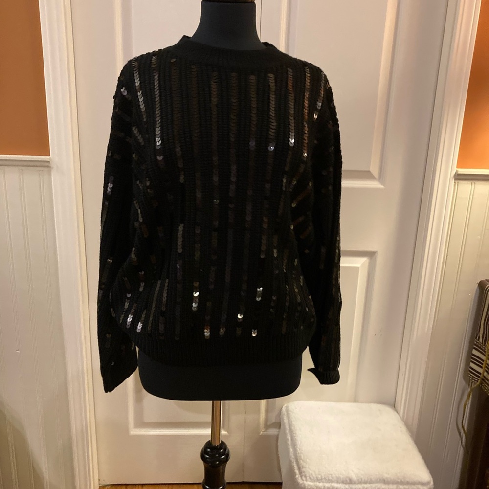She + Sky Black Sequin Ribbed Sweater